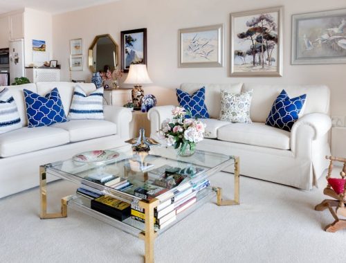 Square Glass Top Coffee Table and Two White Leather 2-seat Sofas